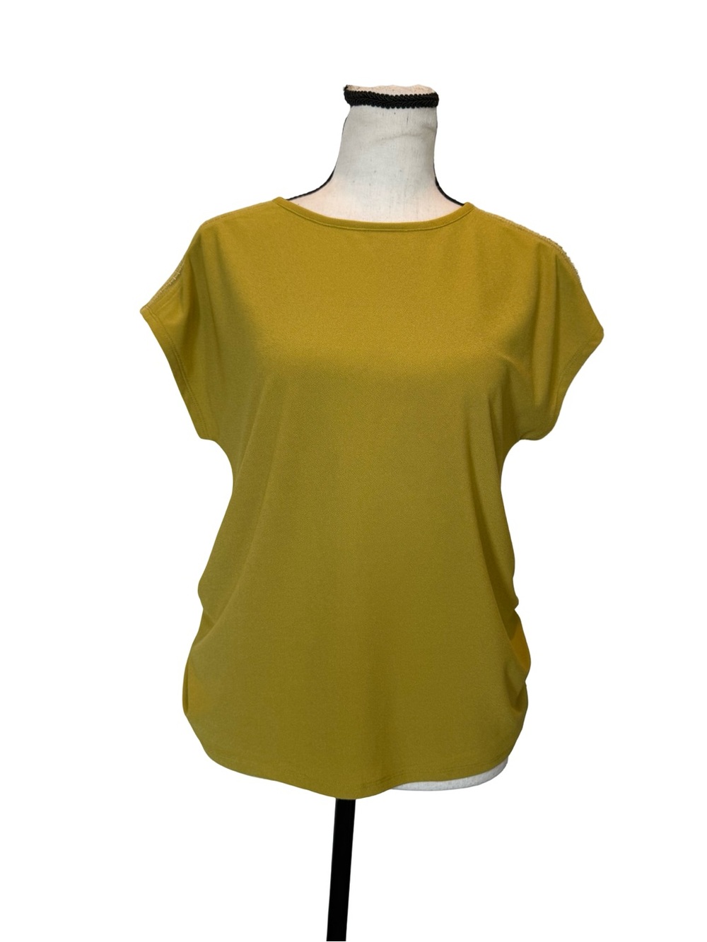 Love Scarlett Mustard Yellow Blouse Beaded Sleeve Ruched Side Top Small